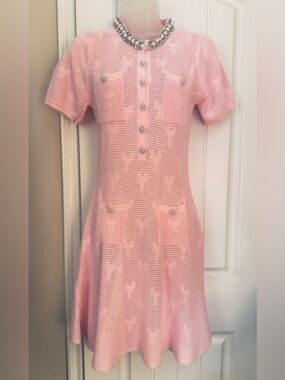 Jessica Bara lightweight knit pink dress with rhinestones and faux pearls